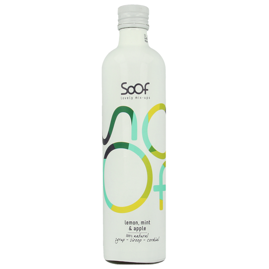 Soof Drinks Citroen Munt & Appel syrup in 340ml bottle, natural fruit and herb flavor for drinks and recipes.