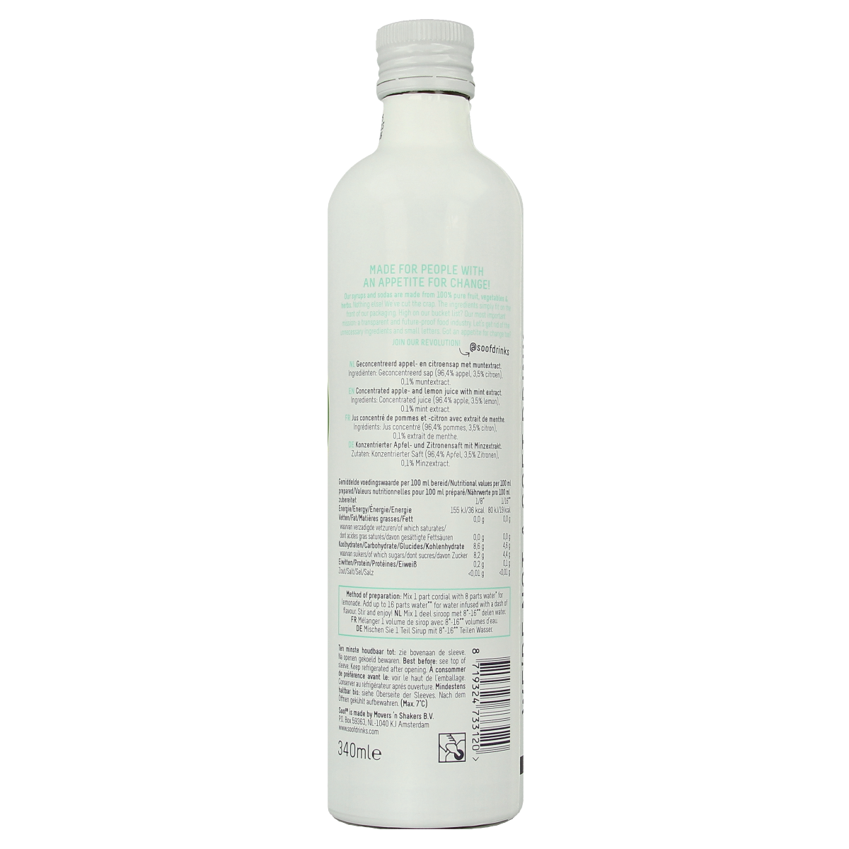 Soof Drinks citroen, munt & appel flavored syrup in a 340ml bottle, perfect for mixing refreshing beverages.