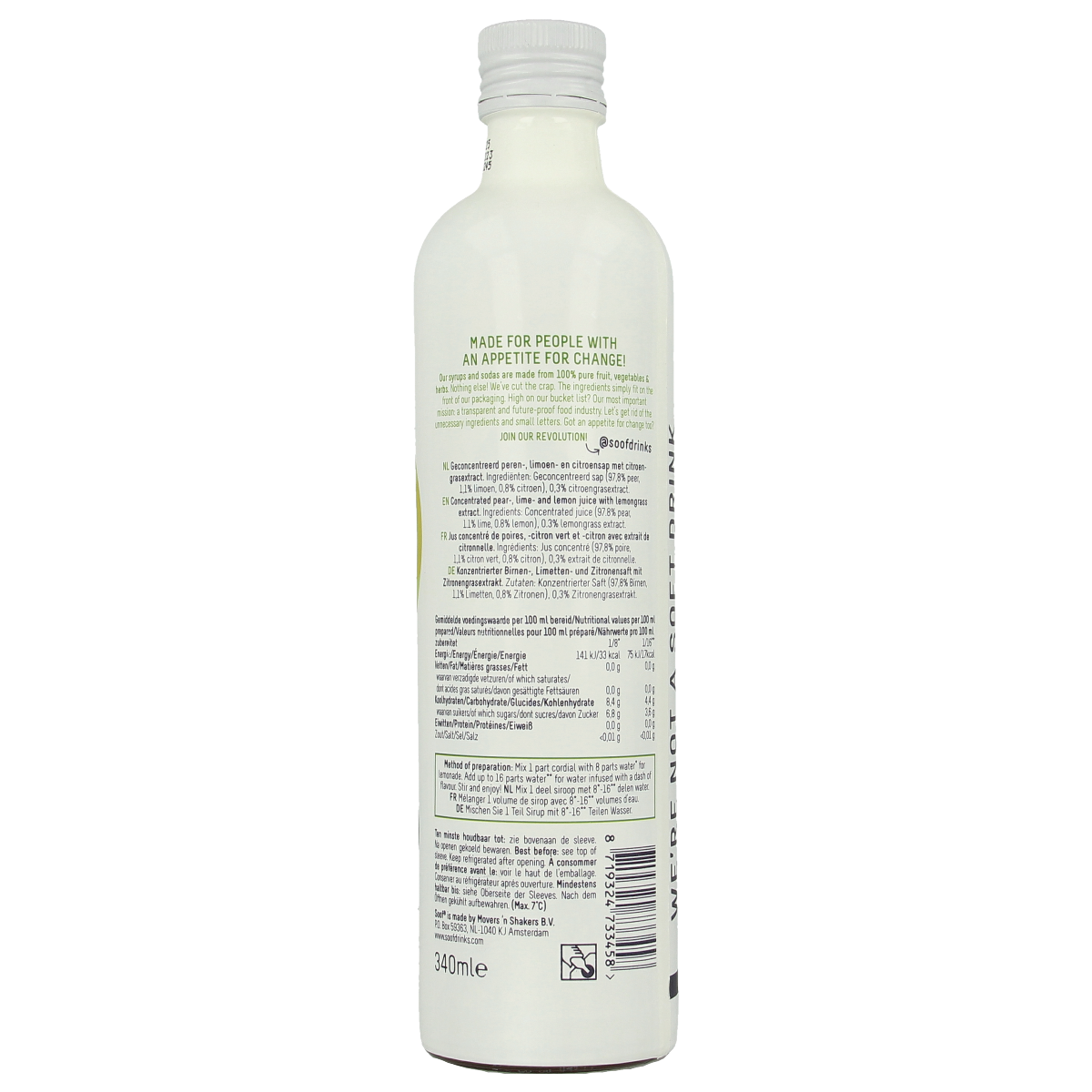 Soof Drinks Citroengras Peer Limoen siroop in 340ml bottle, a fresh herbal and citrus flavored drink.