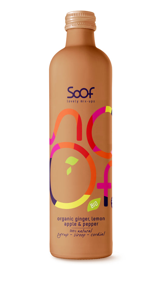 Soof Drinks organic ginger, pepper, lime, apple syrup in a 340ml bottle, herbal drink and juice, natural ingredients
