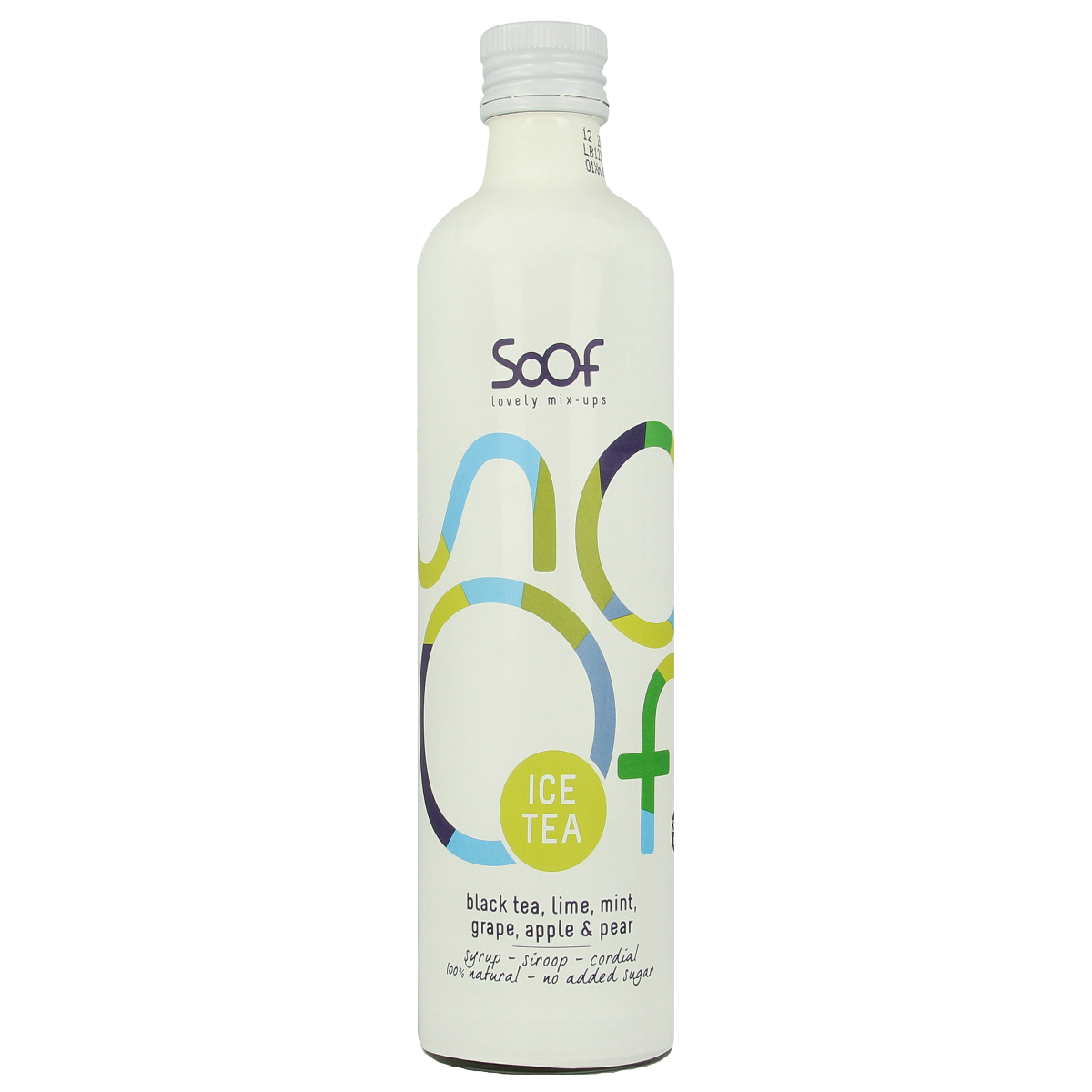 Soof Drinks zwarte thee limoen en munt siroop in 340ml fles, refreshing drink with citrus and mint flavors.