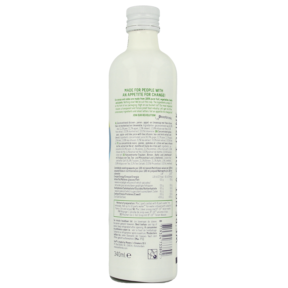 Soof Drinks zwarte thee siroop met limoen en munt in 340ml fles, refreshing drink with citrus and mint flavors.