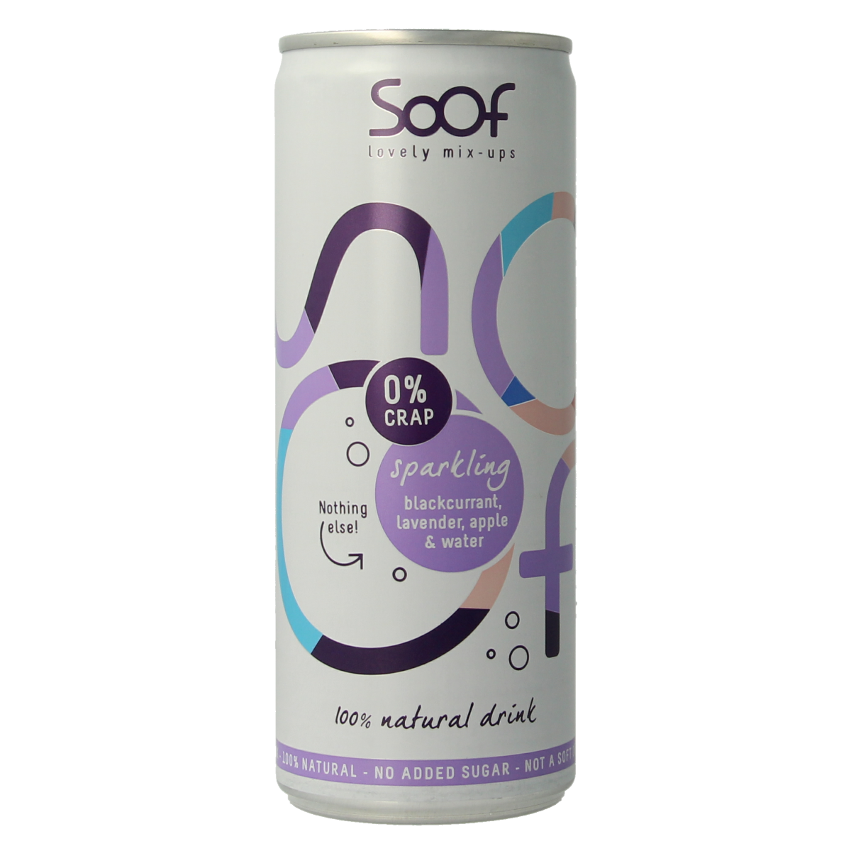 Soof Drinks sparkling zwarte bes lavendel en appel drink in 250ml bottle, with dark black currant, lavender, and apple flavors.