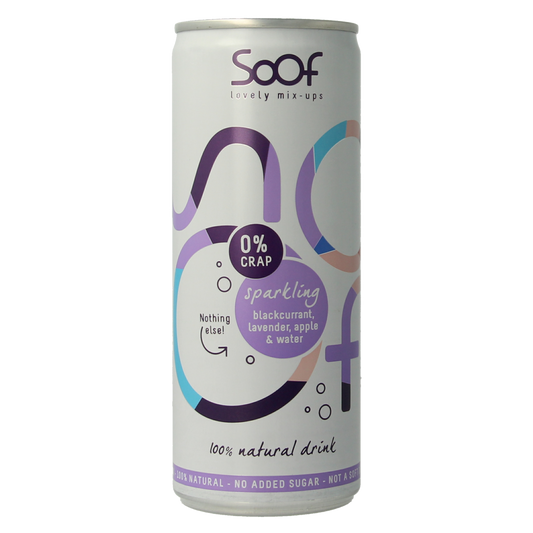 Soof Drinks sparkling zwarte bes lavendel en appel drink in 250ml bottle, with dark black currant, lavender, and apple flavors.