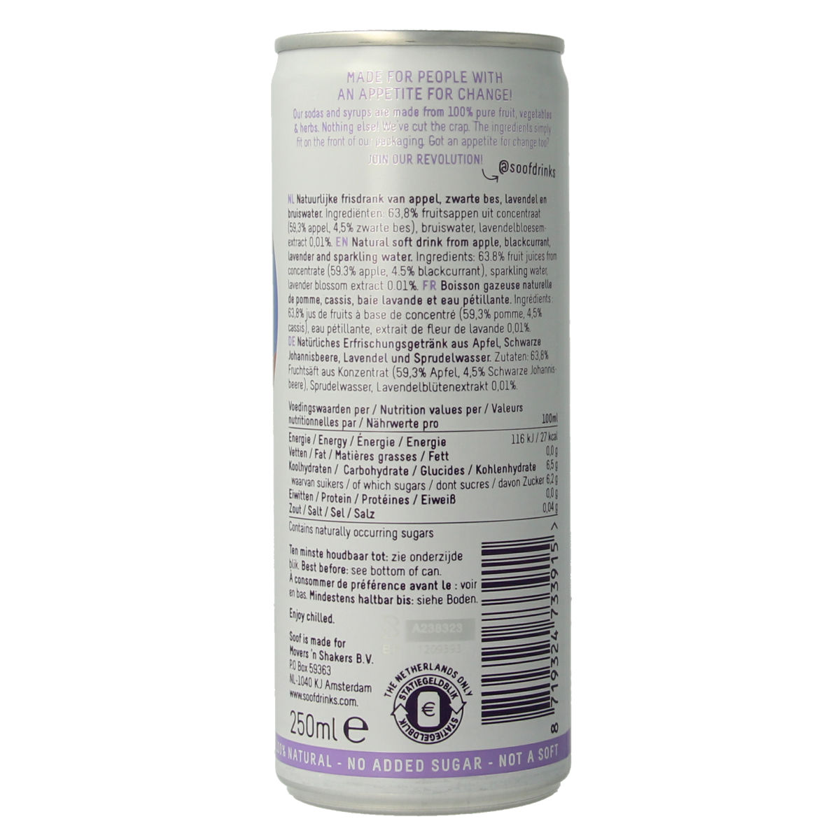 Soof Drinks sparkling zwarte bes lavendel en appel drankje in 250 ml bottle, refreshing fruit and floral flavored beverage.