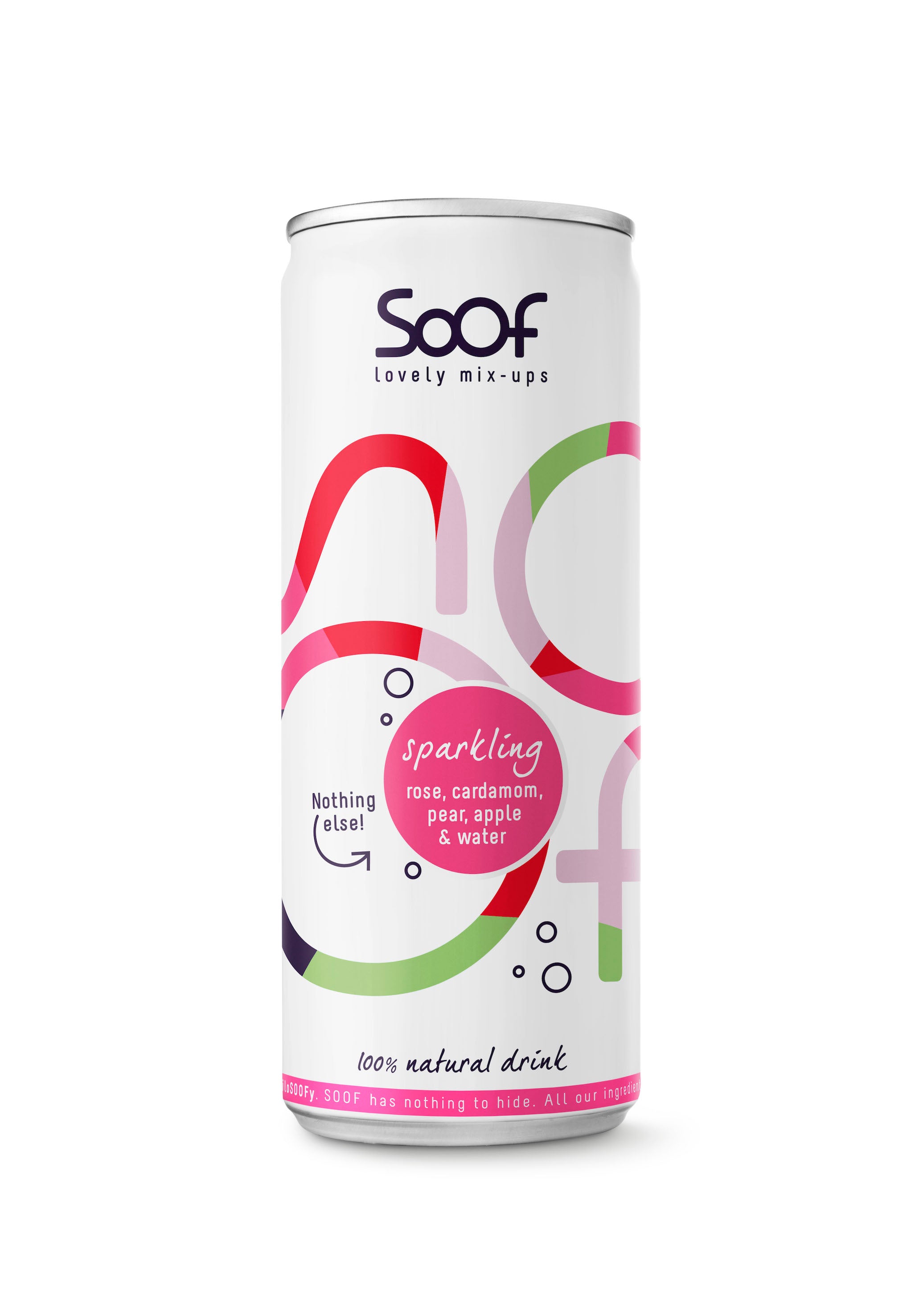Soof Drinks sparkling rooibos with cardamom, pear, and apple in a 250ml bottle, showing the colorful beverage in a glass.