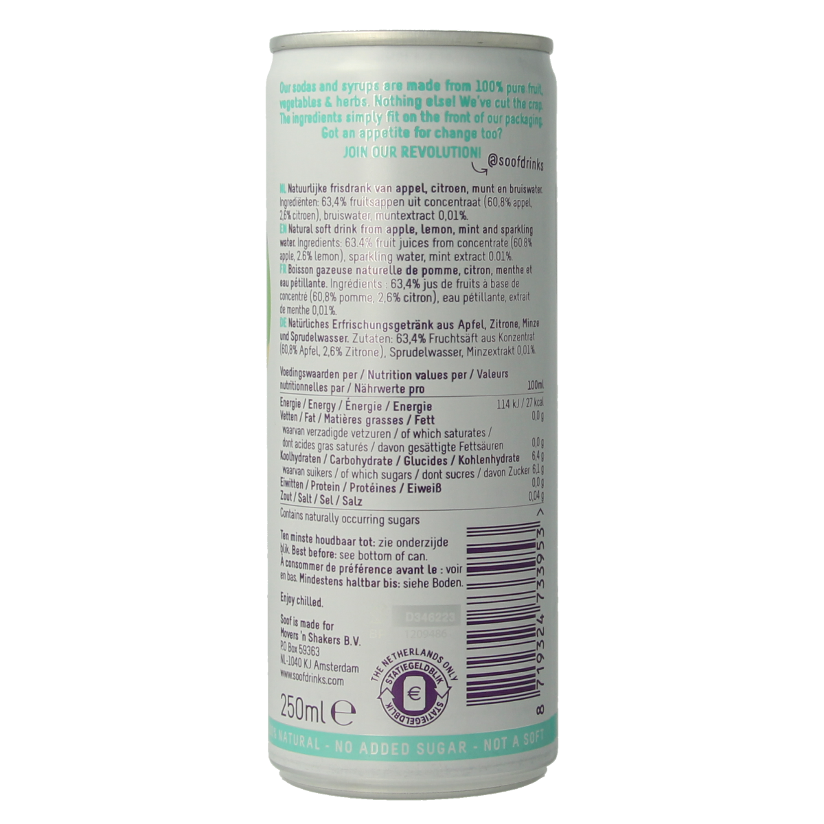 Soof Drinks sparkling citroen, munt en appel in 250ml bottle, refreshing citrus and mint flavored sparkling drink.
