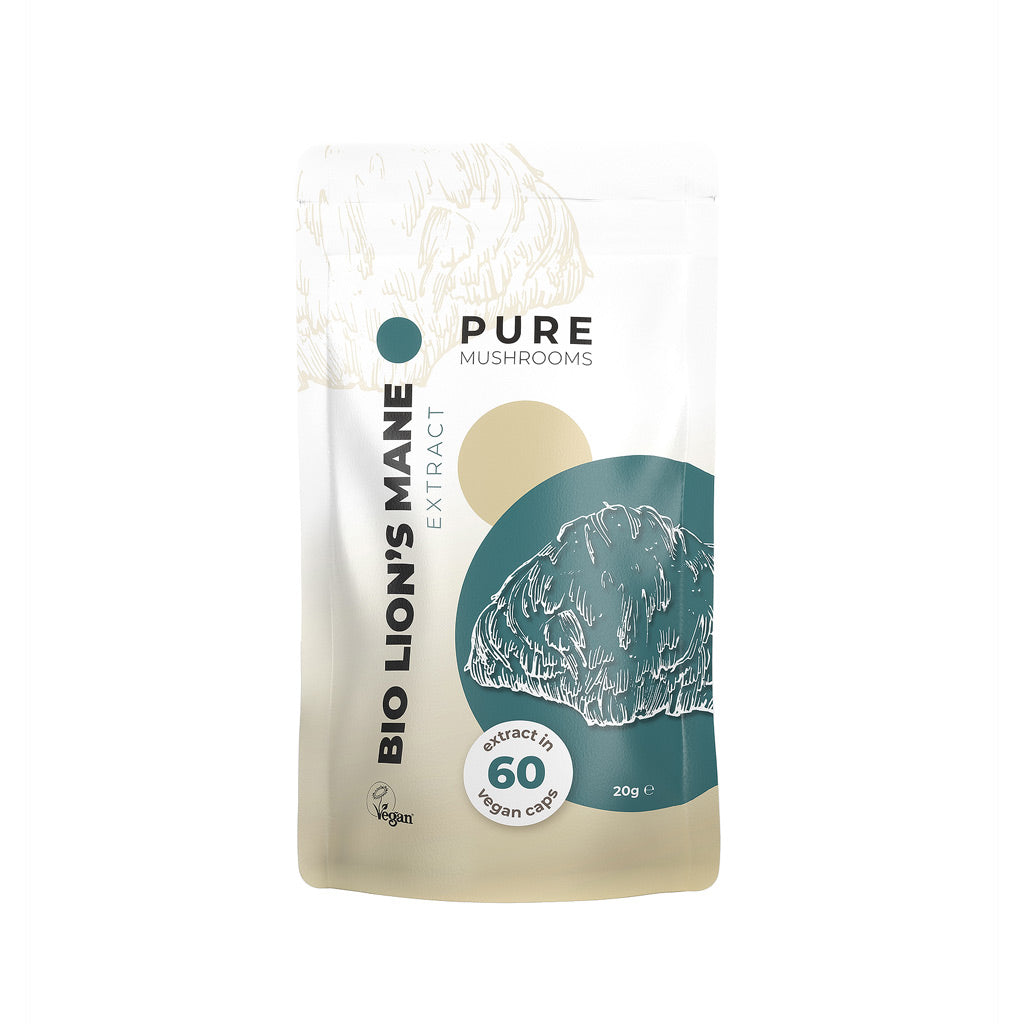 Pure Mushrooms Lion's Mane mushroom extract vegetarian capsules in a clear container, showcasing capsules and label.