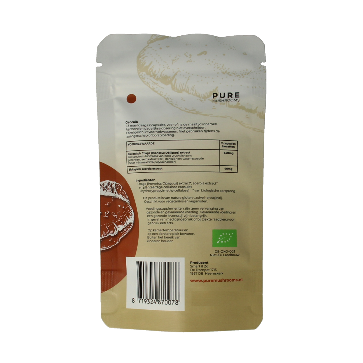 Pure Mushrooms Chaga mushroom extract vegetarian capsules in a bottle, part of herbal preparations for health support.