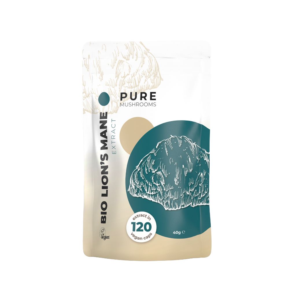 Pure Mushrooms Lion's Mane mushroom extract vegetarian capsules in a white bottle, herbal supplement for cognitive support.