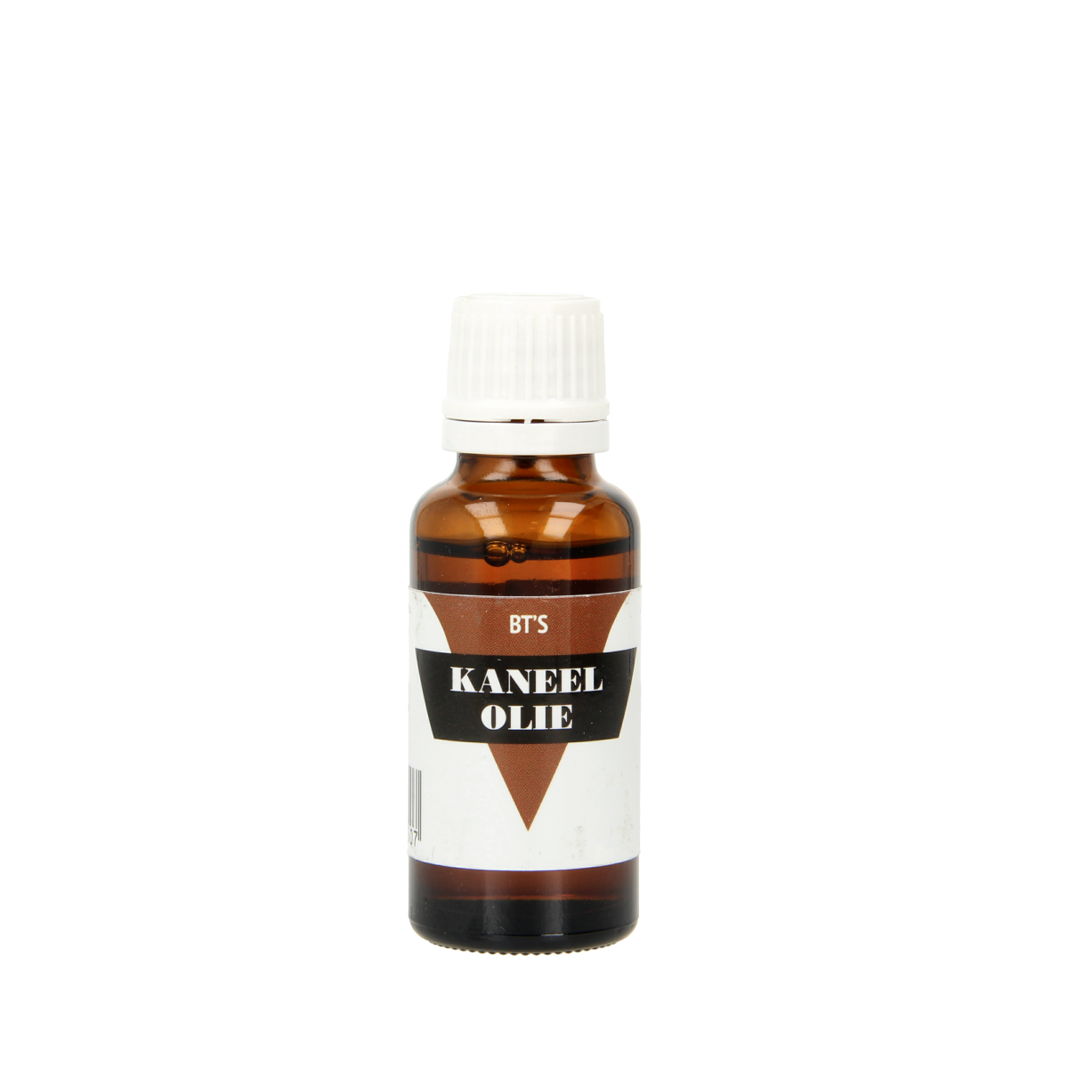 BT'S Kaneel olie 25ml, natural cinnamon essential oil in a clear glass bottle, suitable for aromatherapy and wellness.