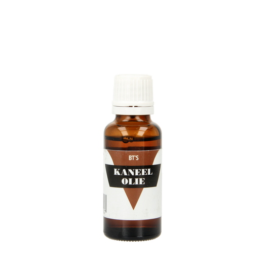 BT'S Kaneel olie 25ml, natural cinnamon essential oil in a clear glass bottle, suitable for aromatherapy and wellness.