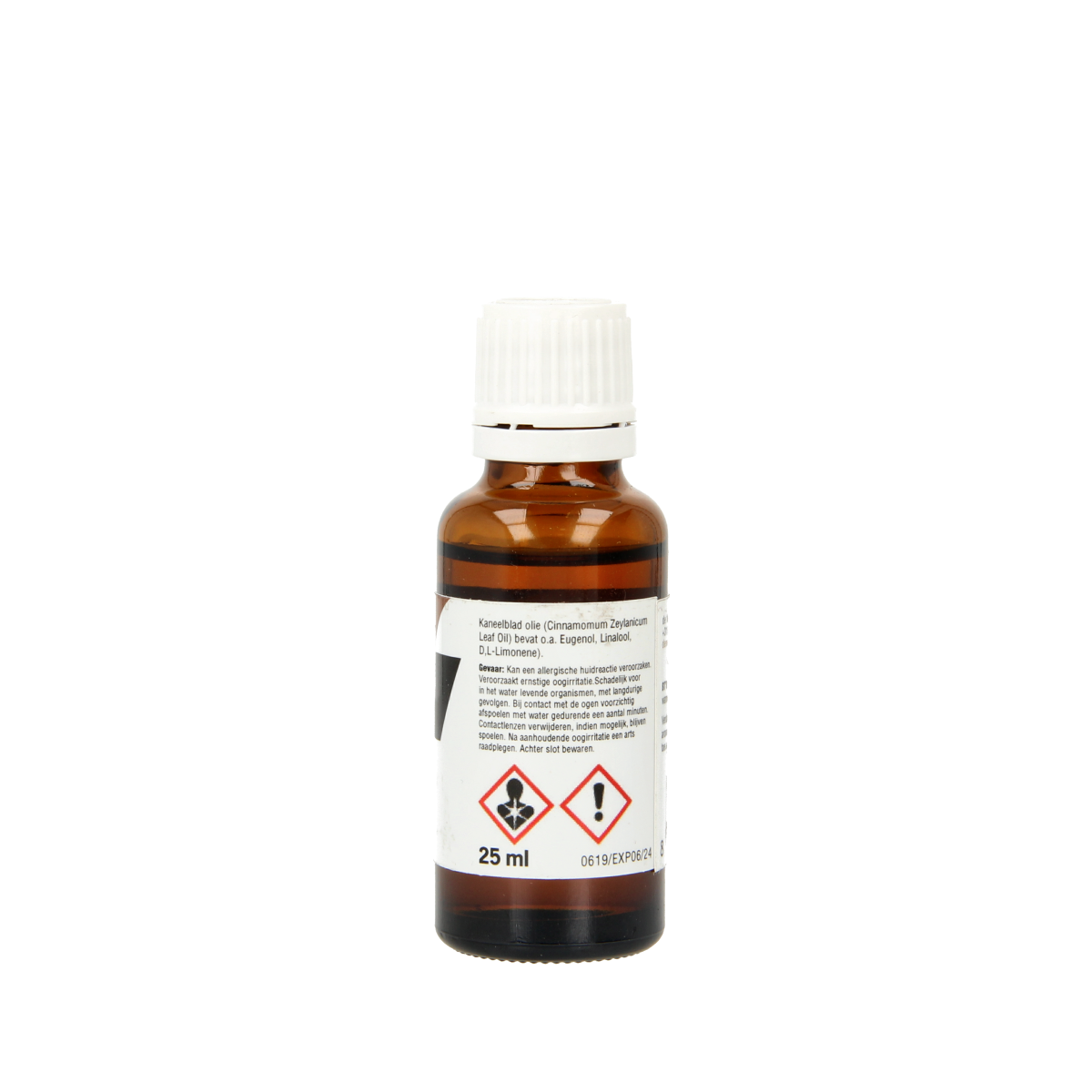 BT'S Kaneel olie 25ml, aromatic cinnamon essential oil in a clear glass bottle with a black cap, used for aromatherapy and wellness.