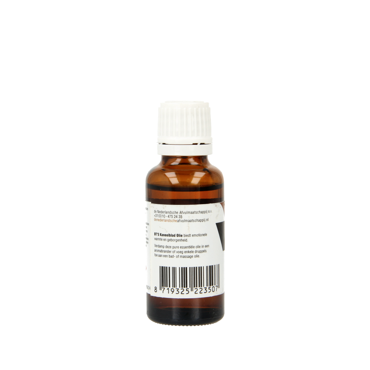 BT'S Kaneel olie 25ml bottle of essential cinnamon oil, featuring a clear glass container with cinnamon aroma and branding.