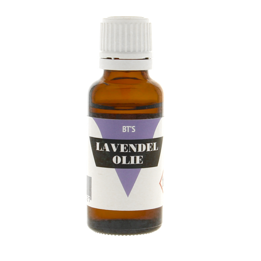 BT'S Lavendel olie 25ml bottle of natural lavender essential oil with a clear label and amber glass bottle.
