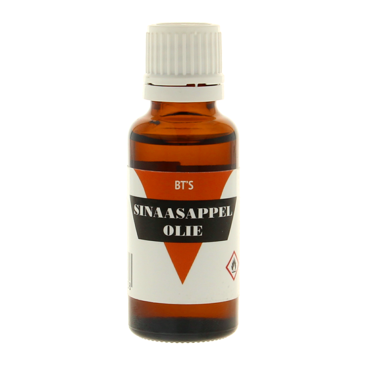 BT'S Sinaasappel etherische olie in 25ml bottle, vibrant orange liquid with fresh citrus scent, used for aromatherapy.