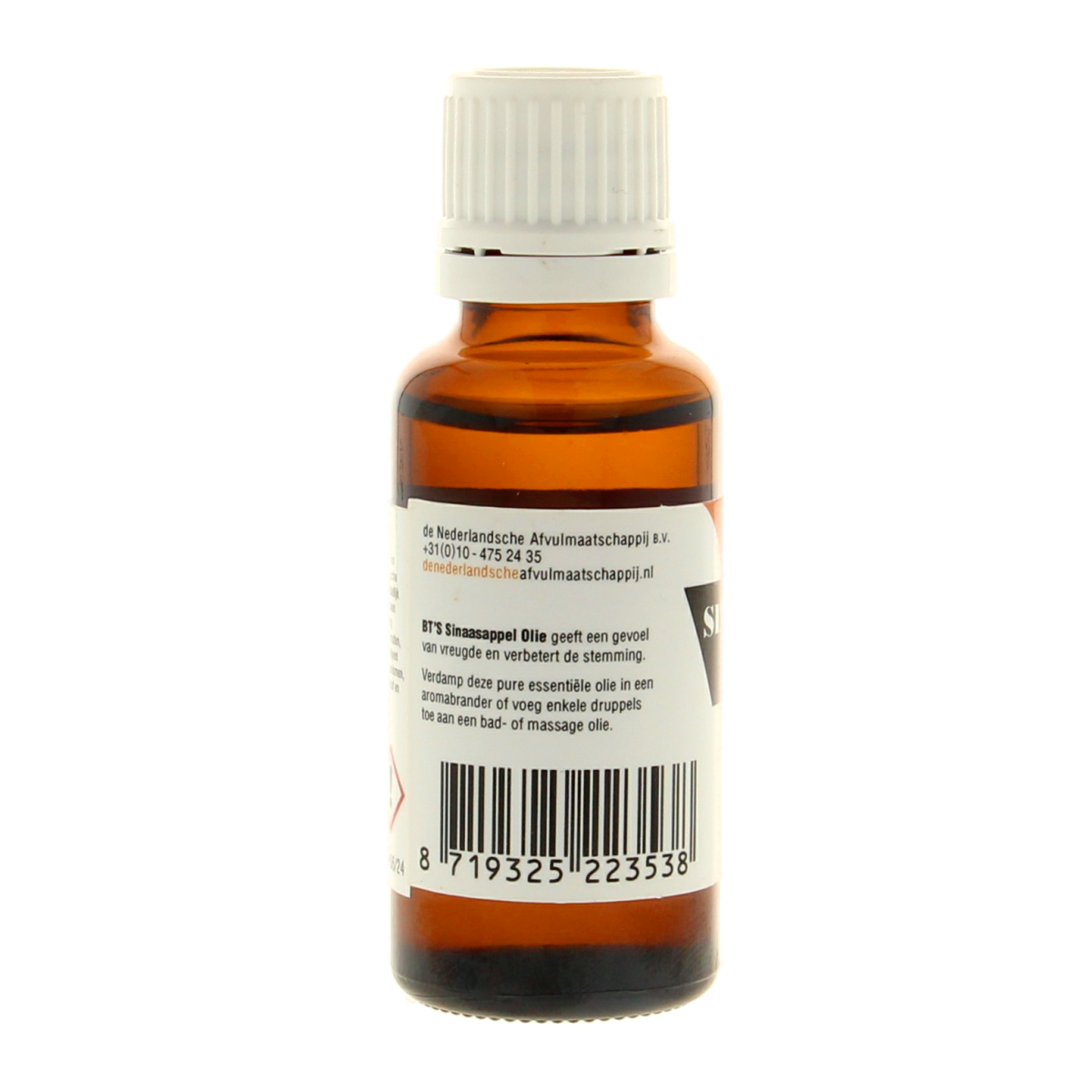 BT'S Sinaasappel etherische olie in 25ml bottle, vibrant orange citrus oil for aromatherapy and natural scent.