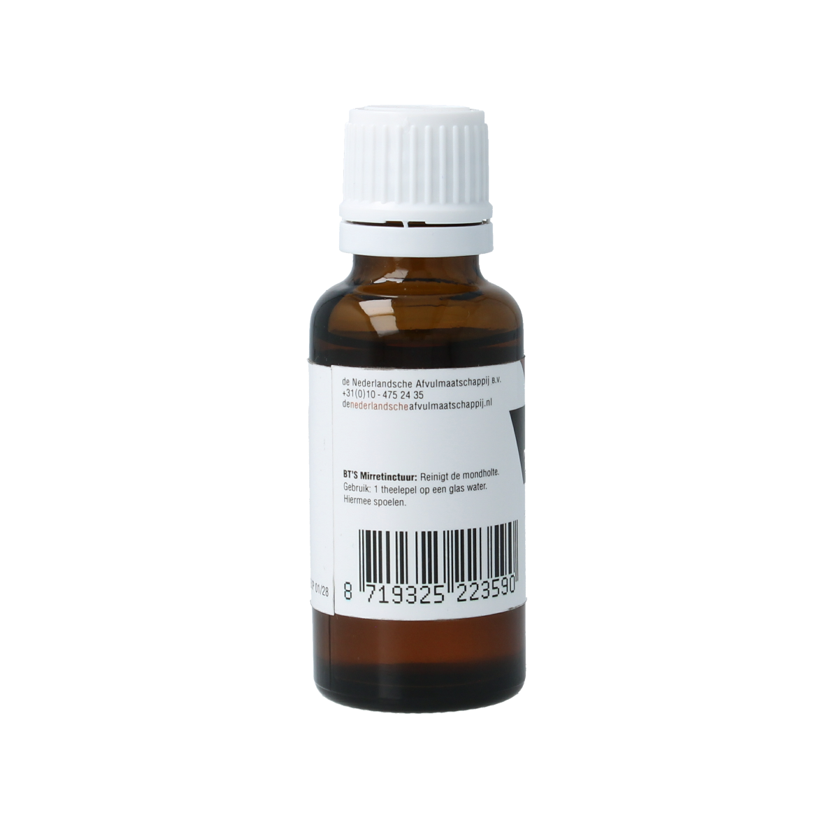 BT'S Mirre tinctuur, 25ml, a mouth rinse for oral hygiene, shown in a clear bottle with label details.