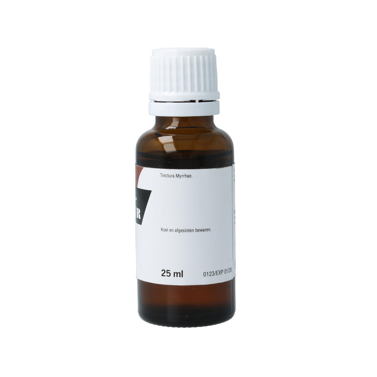 BT'S Mirre tinctuur 25ml bottle for mouth rinses, with herbal extract, in a clear glass container with a white cap.
