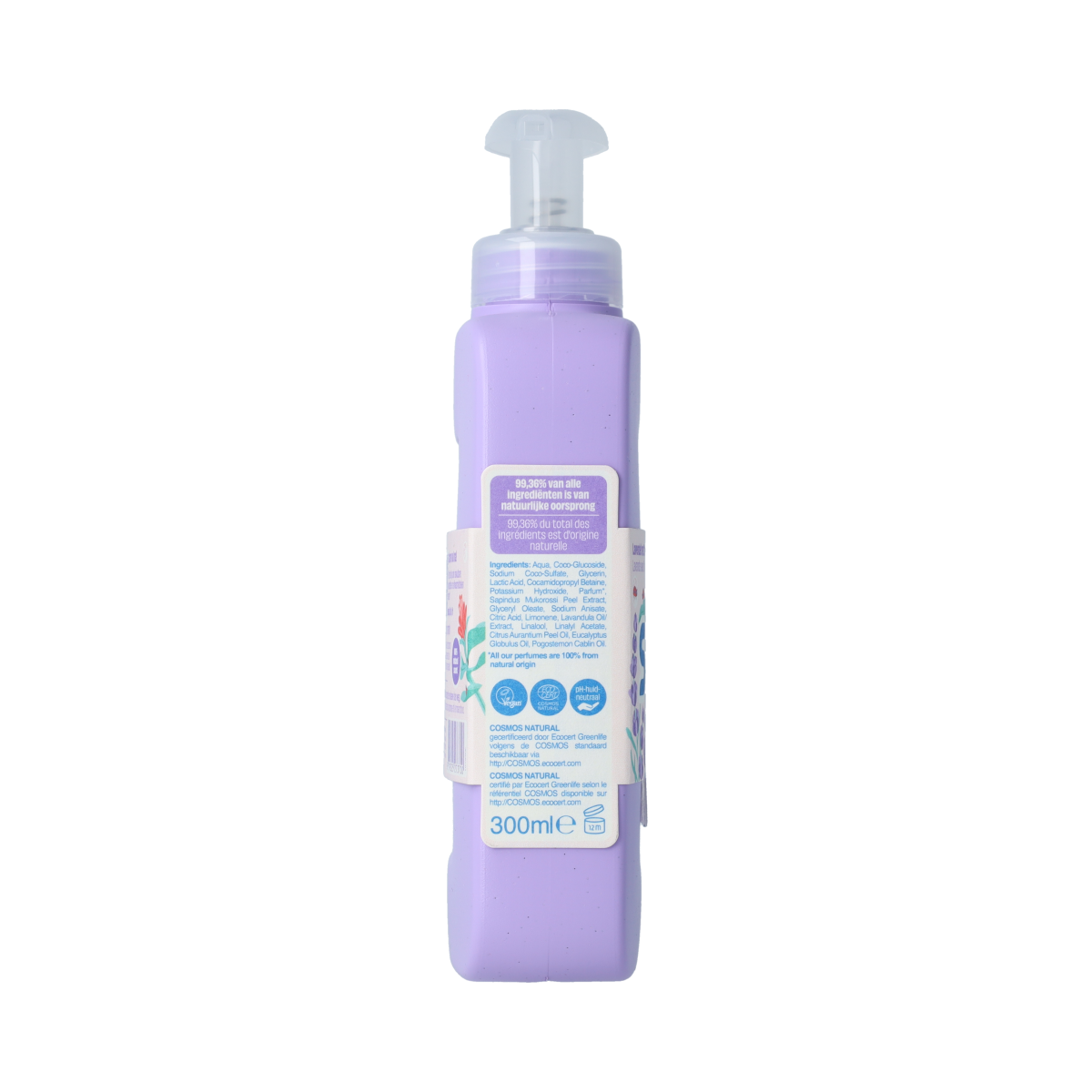 Seepje lavender and tonka hand soap in 300ml bottle, natural hand care with lavender and tonka scent, close-up of the soap bottle.