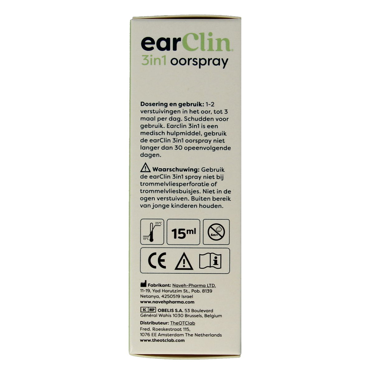 Earclin Easpray 3-in-1 ear care spray bottle, 15ml, with nozzle for soothing ear hygiene and cleaning.
