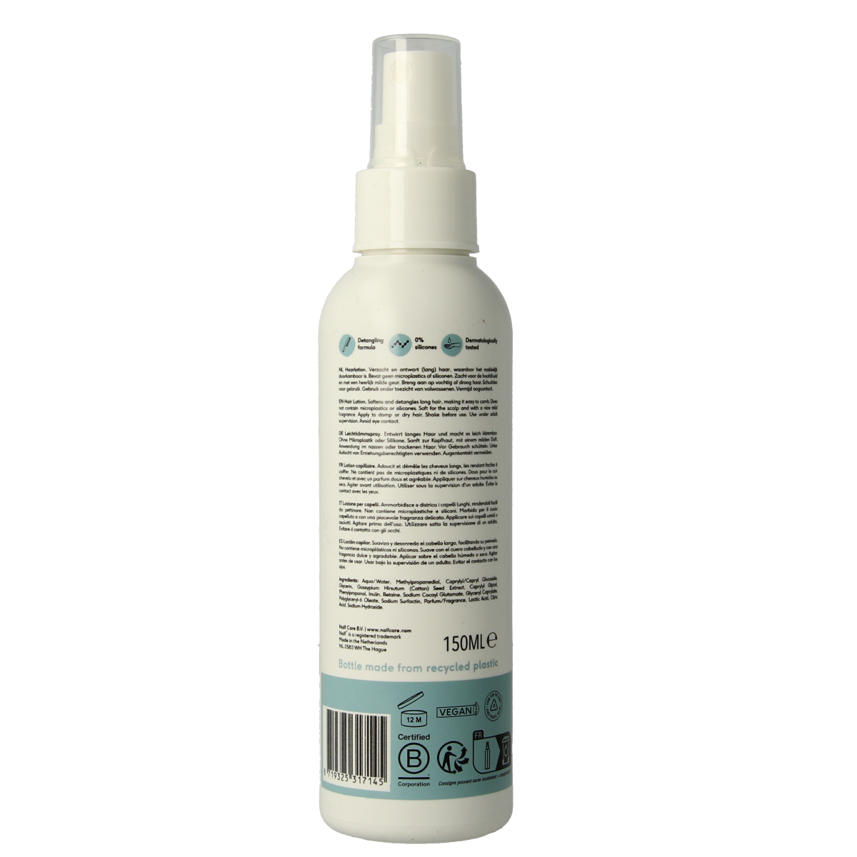 Naif baby and kids hair lotion bottle, 150ml, gentle hair care product for children, with soft packaging and product label visible.