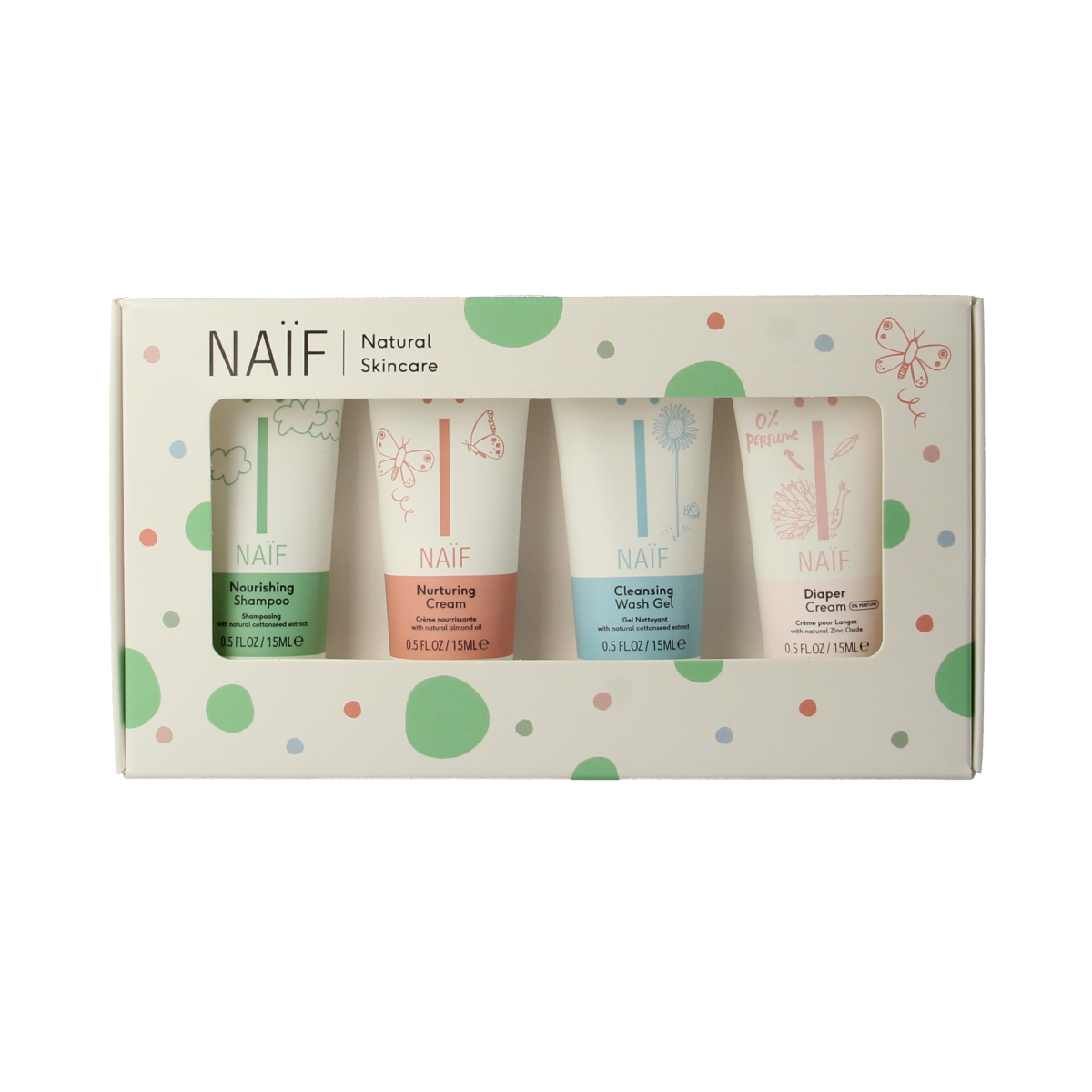 Naif Baby & Kids Mini Set with four 15ml bottles of gentle baby care products in colorful packaging.