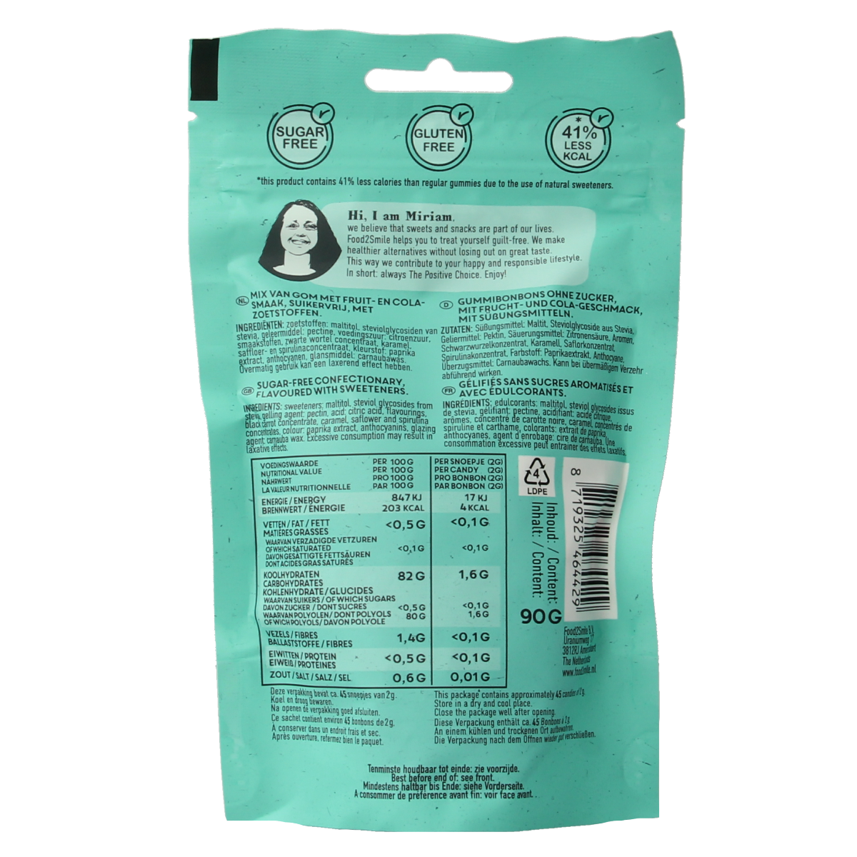 Food2Smile Gimme gummy mix, sugar-free and lactose-free candy, 90g, colorful gummy snoepgoed in bright packaging.