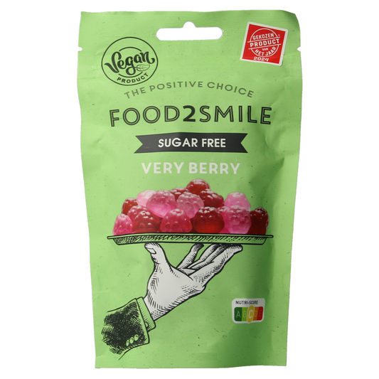 Food2Smile Very Berry gluten-free, lactose-free sugar-free candy in 90g package, colorful berry-flavored snack.