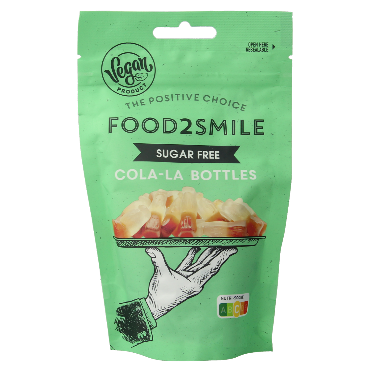 Food2Smile Cola-la sugar-free lactose-free candy bottles, 90g, colorful chewy snack in clear packaging.