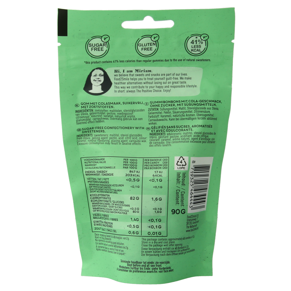 Food2Smile Cola-la sugar-free lactose-free candy bottles, 90 grams, colorful chewy snack with cola flavor.