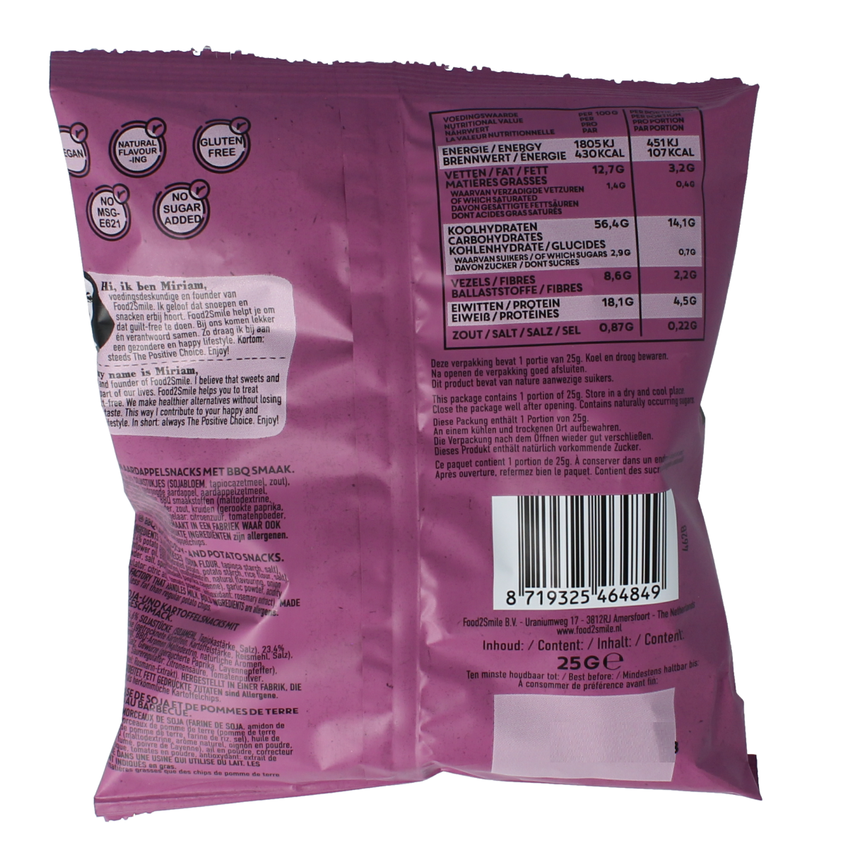 Food2Smile Barbecue Popped Chips snack bag, 25g, crunchy gluten-free snack with bold barbecue flavor, ideal for quick bites.