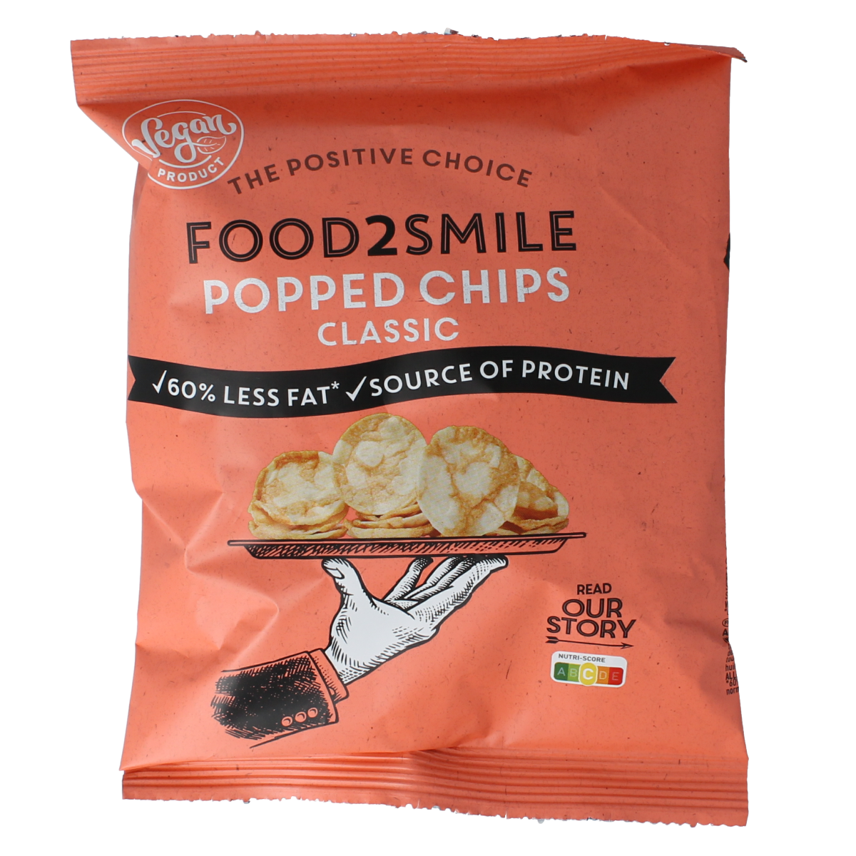 Food2Smile Popped chips with salted flavor, 25 grams, showing crispy, puffed snack chips in a clear bowl.