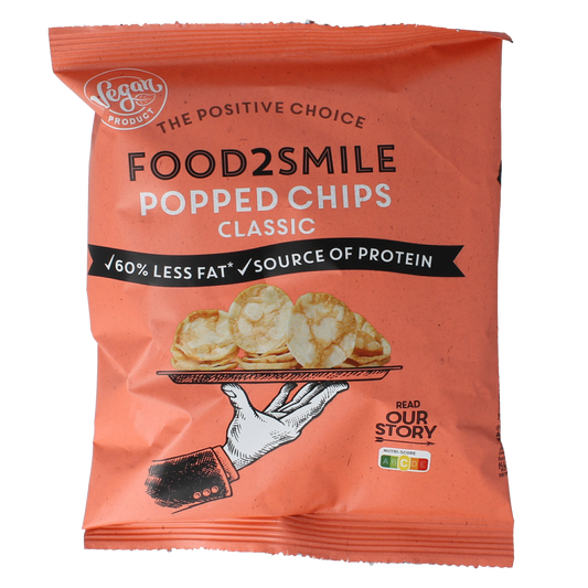 Food2Smile Popped chips with salted flavor, 25 grams, showing crispy, puffed snack chips in a clear bowl.