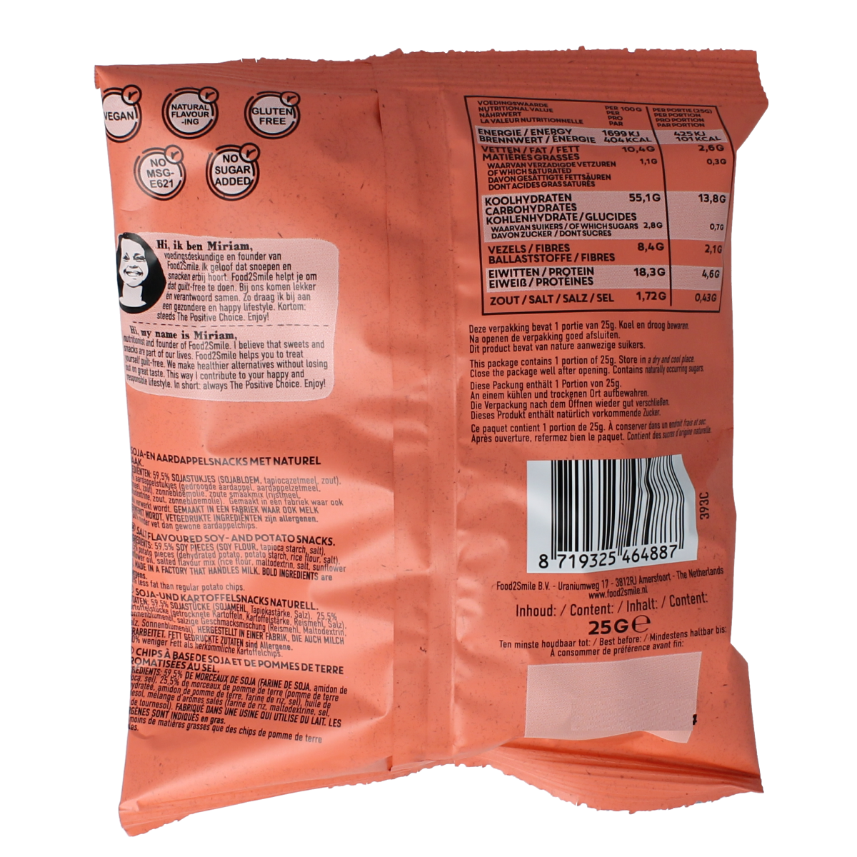 Food2Smile Popped Chips Classic with salt, 25g, crispy snack in a colorful bag, showcasing the chips and branding.