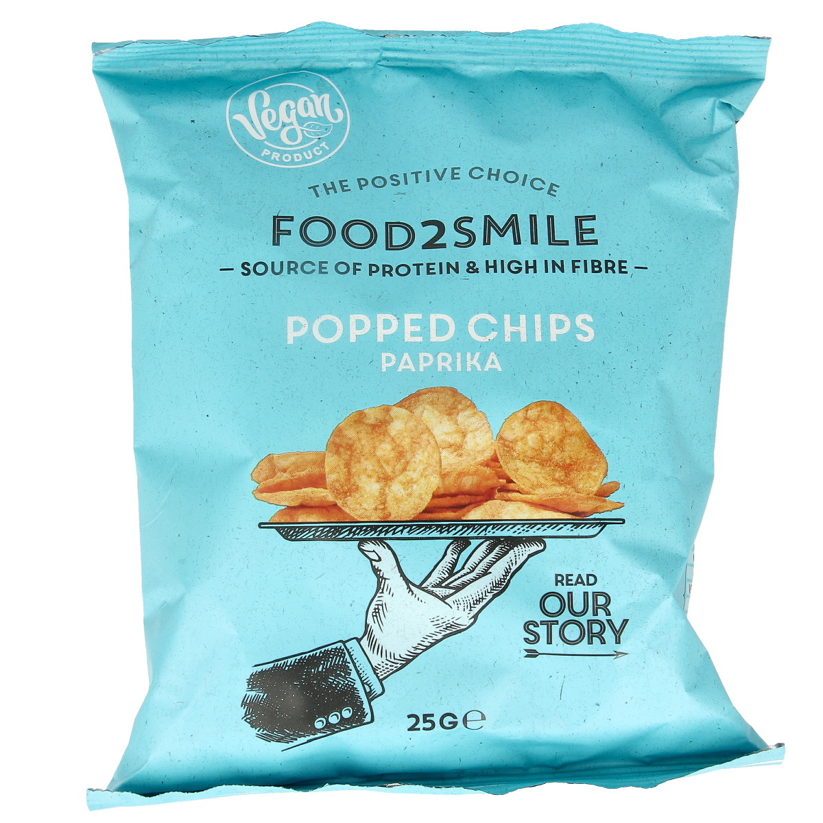 Food2Smile Popped Chips Paprika flavor, 25g, crunchy chips with paprika seasoning, in a colorful bag.