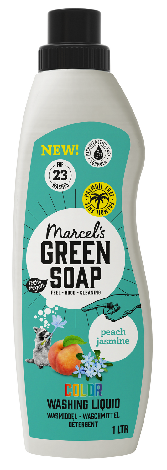 Marcel's Green Soap kleurwasmiddel in 1 liter bottle, peach and jasmine scent, for vibrant laundry and fabric care.