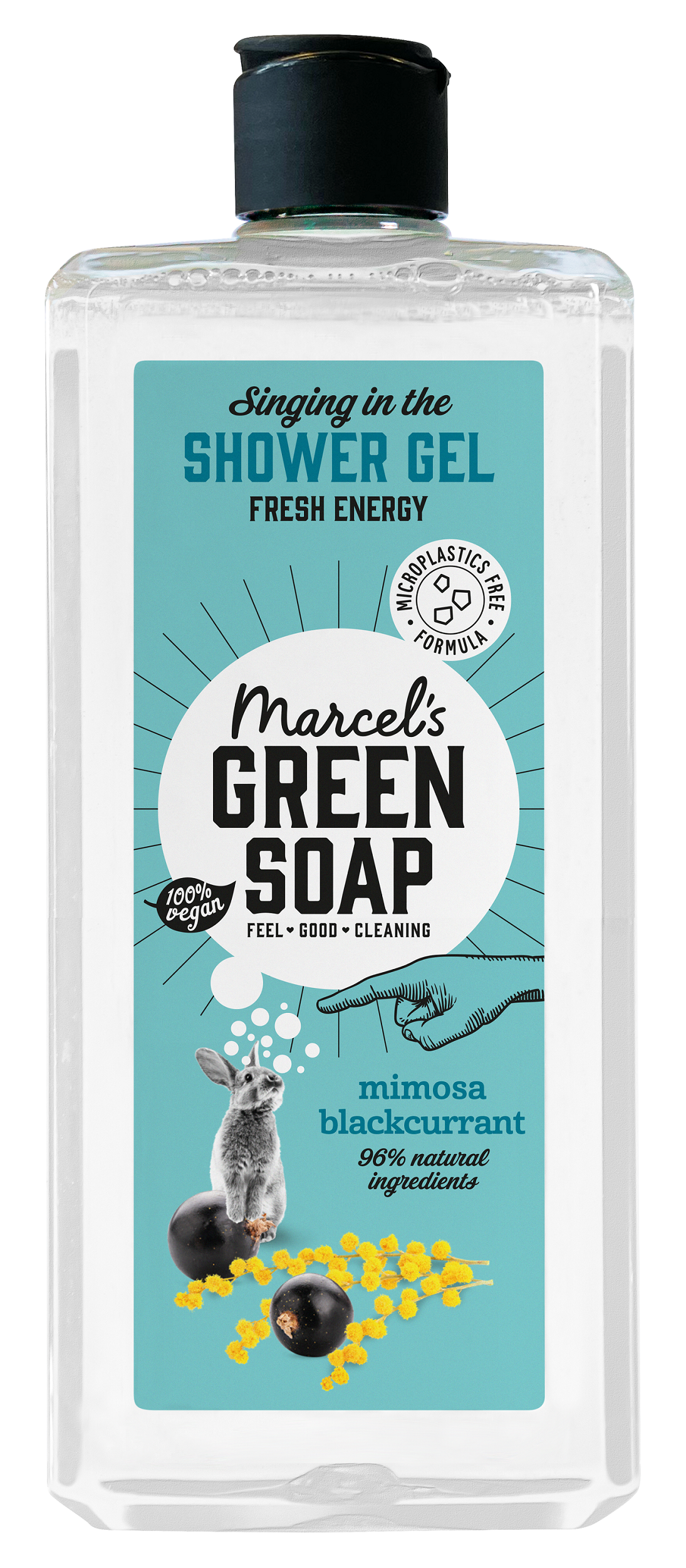 Marcel's Green Soap mimosa and black currant shower gel in 300ml bottle, featuring green and purple packaging for bad en douche.