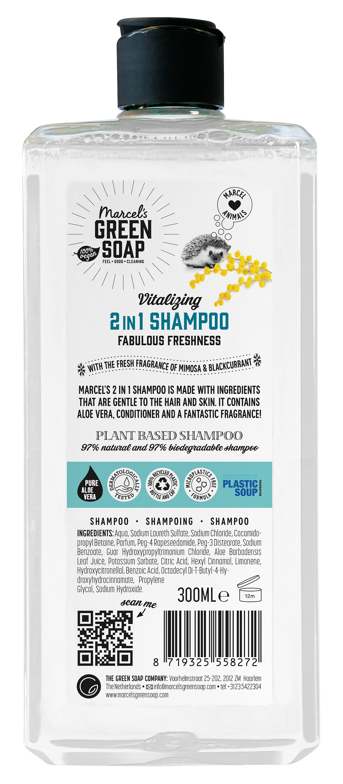 Marcel's Green Soap mimosa and black currant shower gel in 300ml bottle, creamy and fragrant bath and body product.