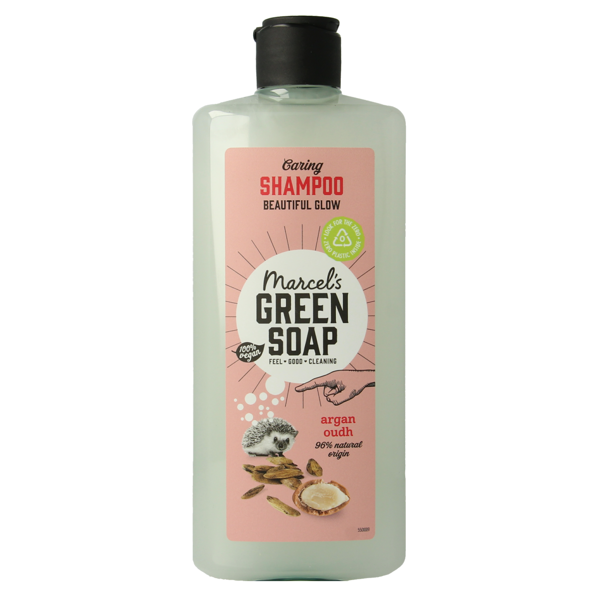 Marcel's Green Soap caring shampoo with argan oil and oudh in a 300ml bottle, features a green and white label, for nourishing hair care.