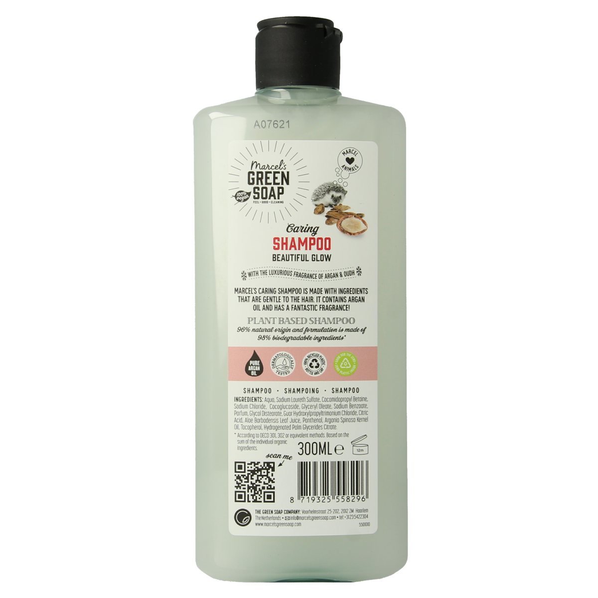 Marcel's Green Soap caring shampoo with argan and oudh, 300ml, for nourishing hair care, shown in a sleek bottle.