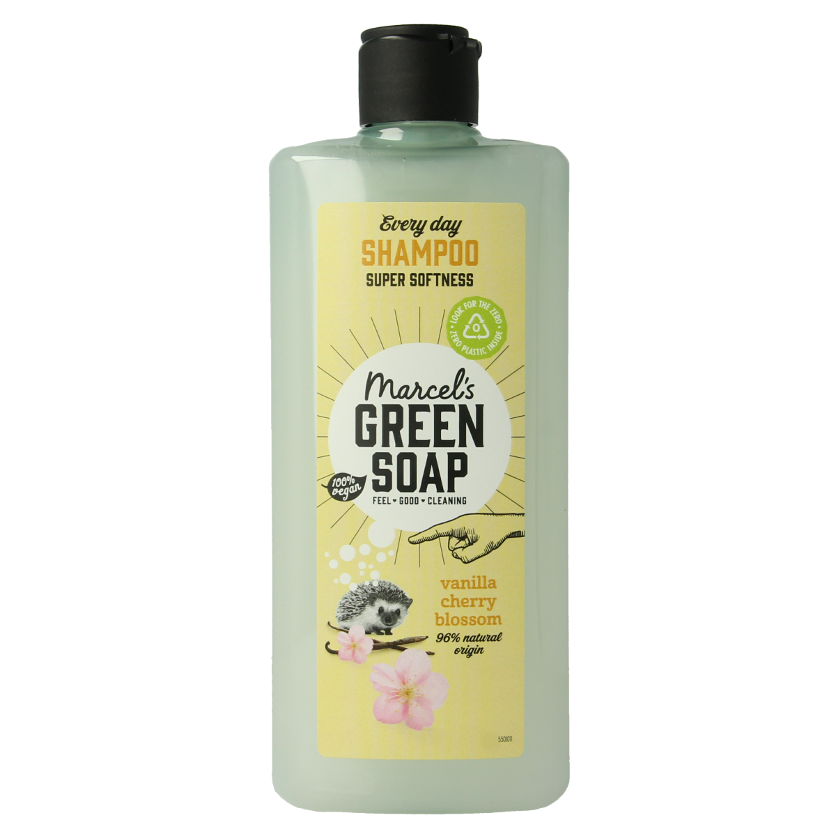 Marcel's Green Soap daily shampoo with vanilla and cherry blossom, 300ml, featuring a clear bottle and floral label design.