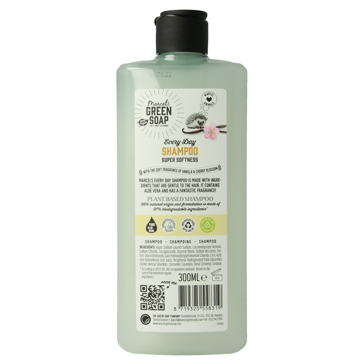 Marcel's Green Soap daily shampoo with vanilla and cherry blossom scent, 300ml bottle, for nourishing hair care.