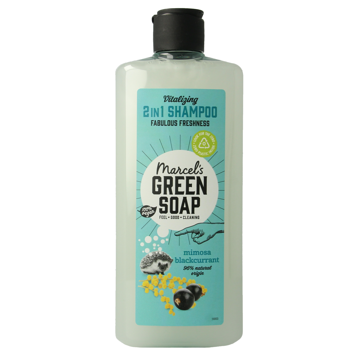 Marcel's Green Soap 2-in-1 shampoo and conditioner with mimosa and black currant for hair care, 300ml bottle.