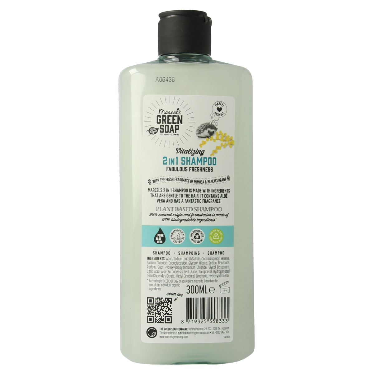 Marcel's Green Soap 2-in-1 shampoo and conditioner with mimosa and black currant, 300ml, for hair care.