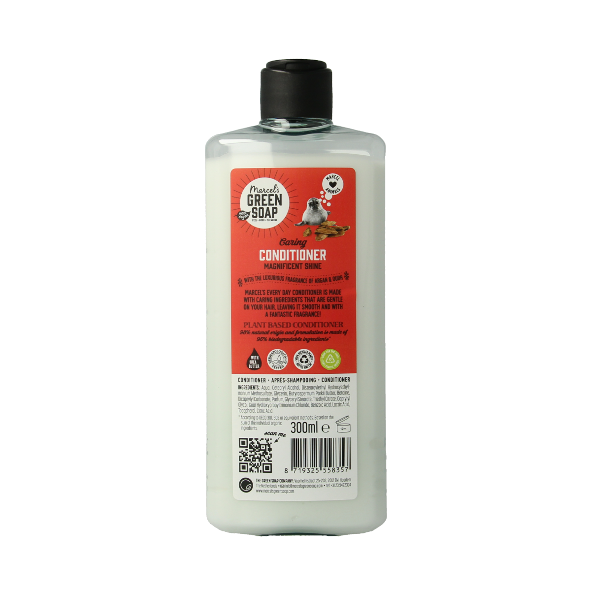 Marcel's Green Soap conditioner with argan and oudh for hair care, 300ml bottle, nourishing and hydrating hair treatment.