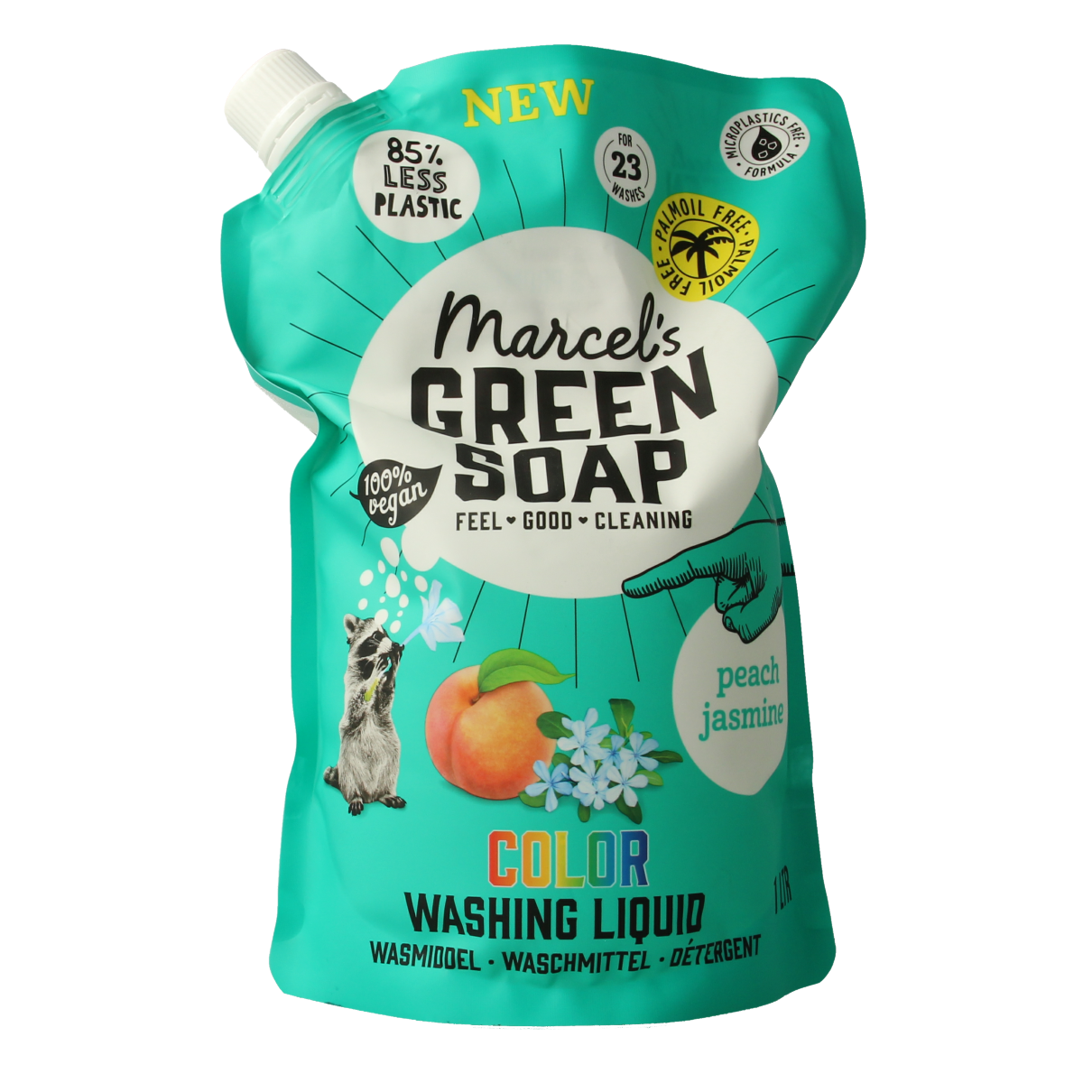 Marcel's Green Soap color laundry detergent with peach and jasmine scent, 1 liter bottle, suitable for vibrant clothes.