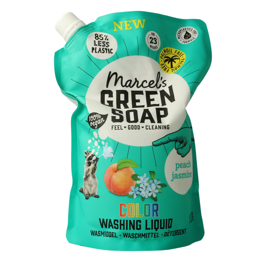 Marcel's Green Soap color laundry detergent with peach and jasmine scent, 1 liter bottle, suitable for vibrant clothes.