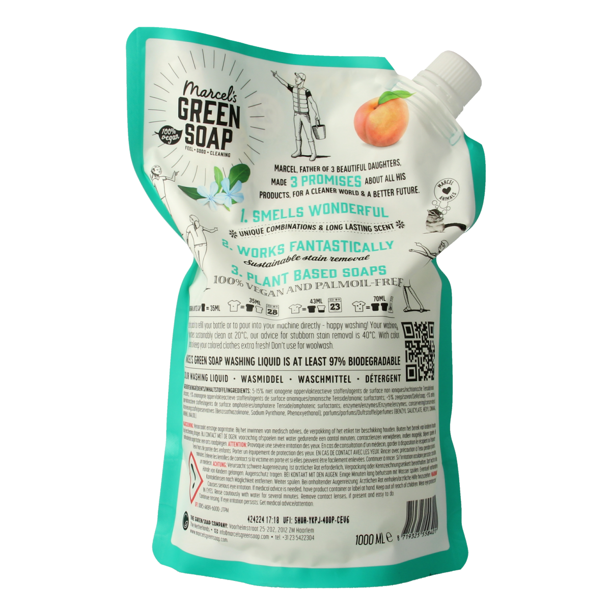 Marcel's Green Soap wasmiddel kleur perzik en jasmijn in 1 liter bottle, eco-friendly laundry detergent for colored fabrics.