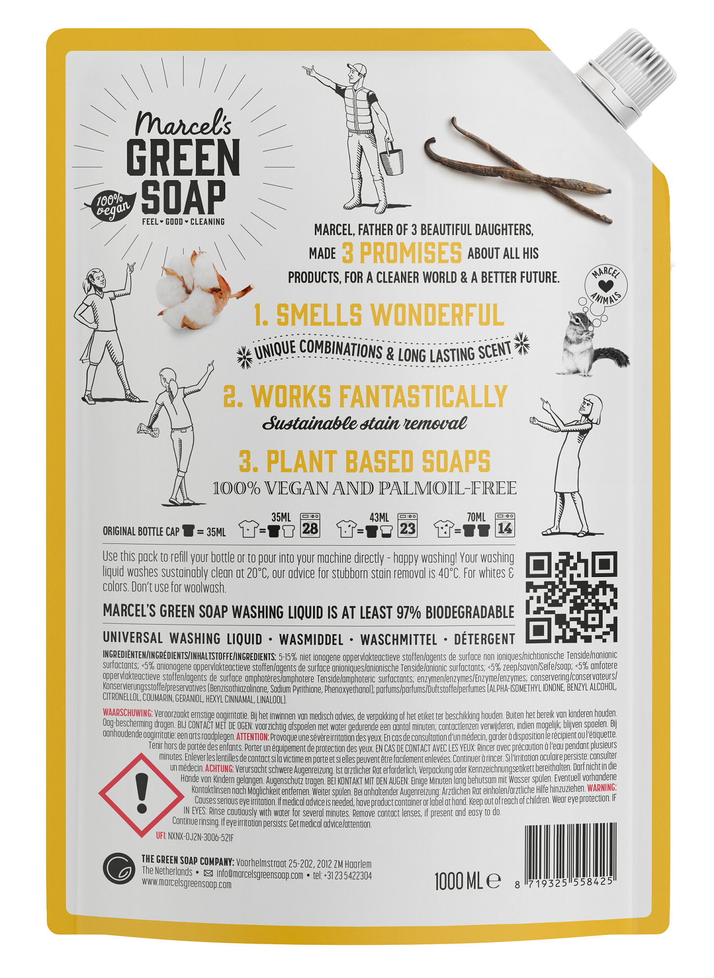 Marcel's Green Soap universeel wasmiddel vanille en katoen navulling, 1 liter, eco-friendly liquid laundry soap in a white and green bottle